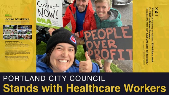 Councilor KL takes a selfie, text below the photo that reads, "Portland City Council Stands with Healthcare Workers."