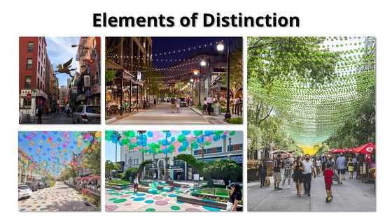 A slide titled elements of distinction shows public spaces with vibrant overhanding balloons, lighting, and sculptures from various cities.