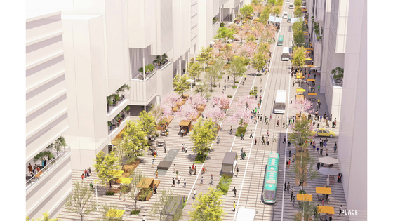 A rendering of a pedestrianized Aioi Street in Hiroshima features ample seating, trees, and an adjacent light rail line.