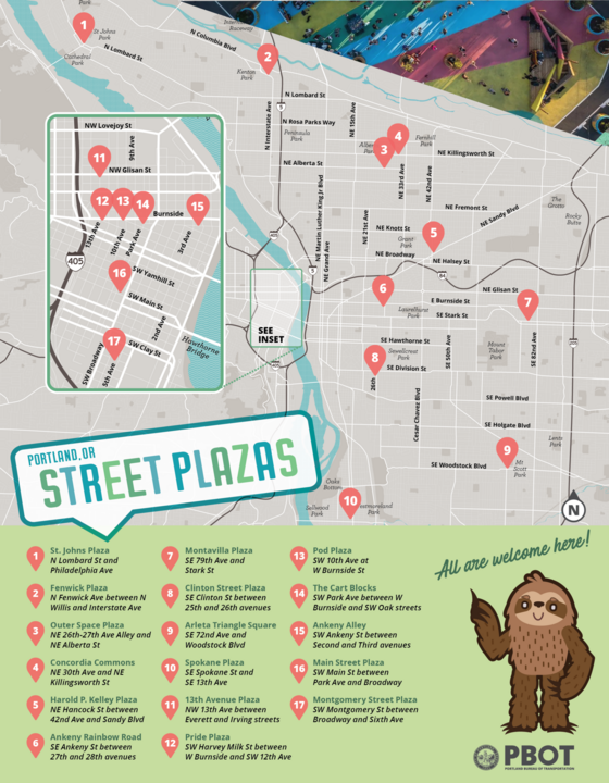 A map of PBOT plazas features 17 plazas and a cartoon sloth with the words "all are welcome here".