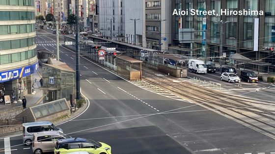 A photograph of Aioi Street in Hiroshima features a wide road with 6 lanes and a central light rail track.