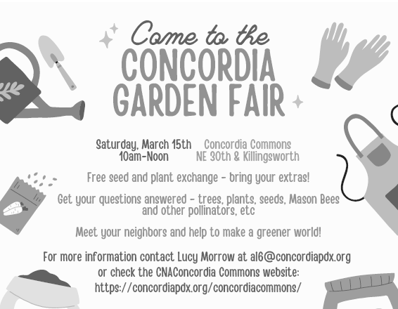 A flyer for the Concordia Garden Fair features trowels, seeds, aprons, and other garden implements (details are in the text above)