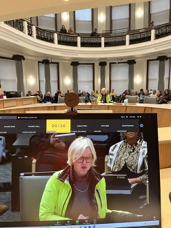 Photo from Dais showing community member giving testimony in City Hall
