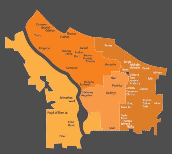 Map of Portland with names at sites where deadly crashes occurred in 2024