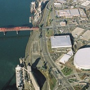 Albina neighborhood seen from the air, with Broadway Bridge and Memorial Coliseum.