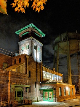 Exterior photo at night of the Interstate Firehouse Cultural Center