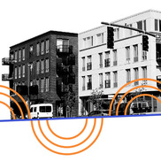 Graphic for PCEF multifamily unregulated program coordinator shows apartment buildings and orange half circles.