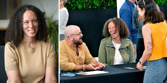 Harmonee Dashiell portrait next to a photo of her laughing while meeting with people.