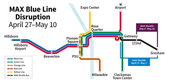 Trimet map shows the MAX lines and indicates where the shuttle will be used.