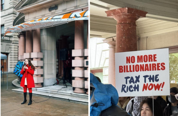 Councilor Morillo speaking outside City Hall, also an advocate with a sign that says "no more billionaires: tax the rich now."