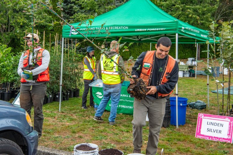 PPR- two people carrying small trees in front of a green tent 