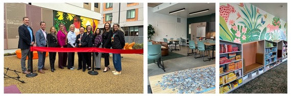 Photos from the Glisan Landing Opening. A Ribbon cutting, a puzzle table, a bookshelf. 