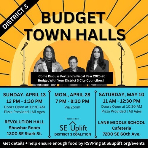 A logo for the budget listening session featuring a photo of each district 3 councilor