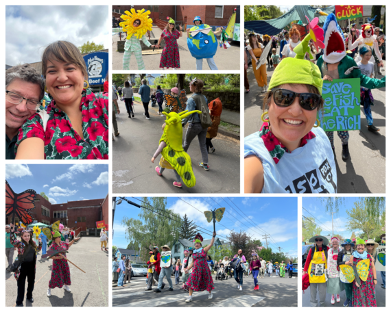 Collage of 7 photos of Councilor Koyama Lane participating in Earth Day parades