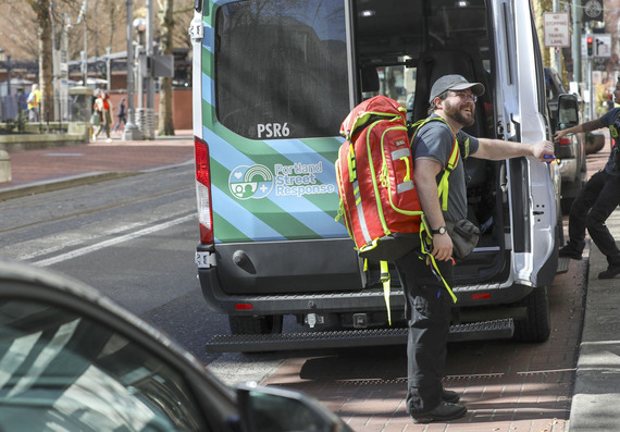 Portland Street Response staff in downtown Portland after responding to a call