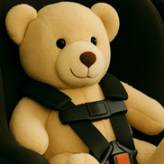A teddy bear in a child's car seat