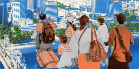 Composite image of travelers carrying bags across the Willamette River into downtown Portland c/o Portland Monthly 