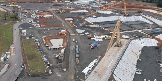 Aerial view of Bull Run water filtration plant under construction near the Sandy River.