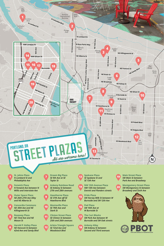A map of PBOT's 20 Street Plazas