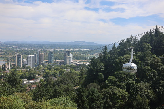The Portland aerial tram glides across a forested cityscape on its way to the South Waterfront.