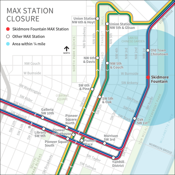 Map showing downtown Portland MAX stations.