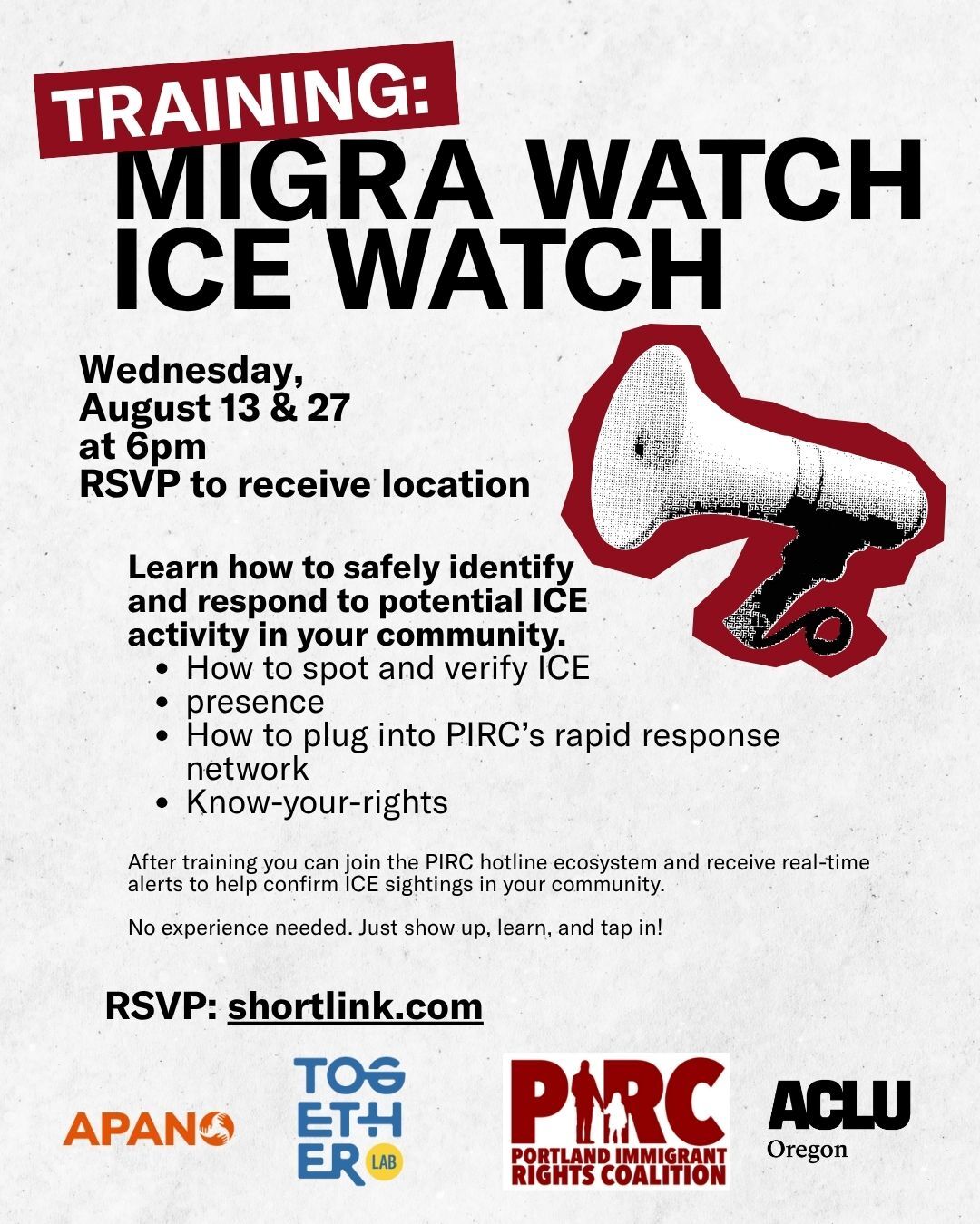 Poster advertising a Migra and ICE Watch training hosted by APANO, Together Lab, PIRC and the ACLU