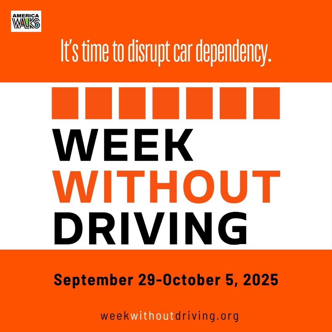 An orange graphic promoting Week Without Driving from Sept. 29 to Oct. 5 with slogan, "it's time to disrupt car dependency."