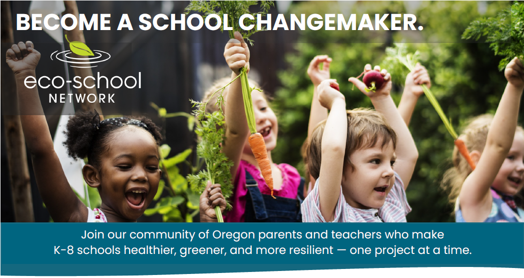 Young kids raise their hands with text, "become a school changemaker" and the Eco-School Network logo.