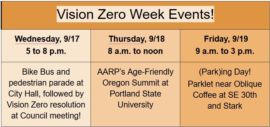 table in shades of orange, with list of Vision Zero Week events September 17-19