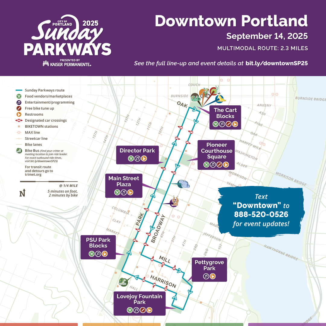 Map of Downtown Sunday Parkways multimodal route along SW Broadway and Park, Mill and Harrison streets.