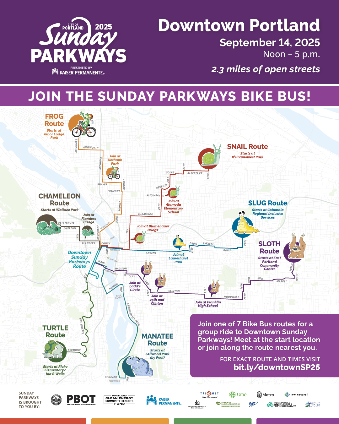 Map showing the seven bike bus routes starting from different areas of the city and converging downtown.