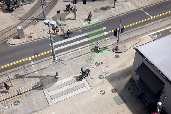 Aerial Tram view of South Waterfront roads and active transportation