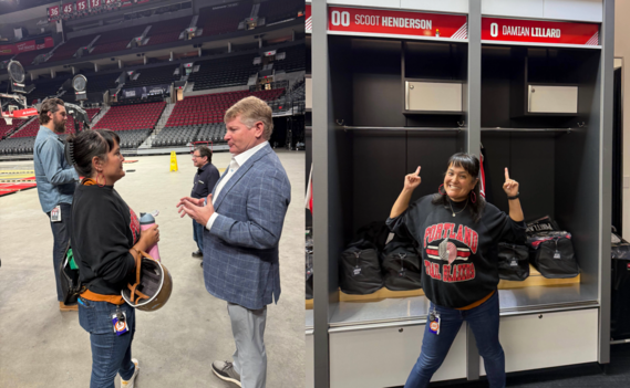 Four people speaking in Moda Center arena, and Councilor TKL in front of Scoot Henderson and Damian Lillard lockers smiling with fingers pointed up