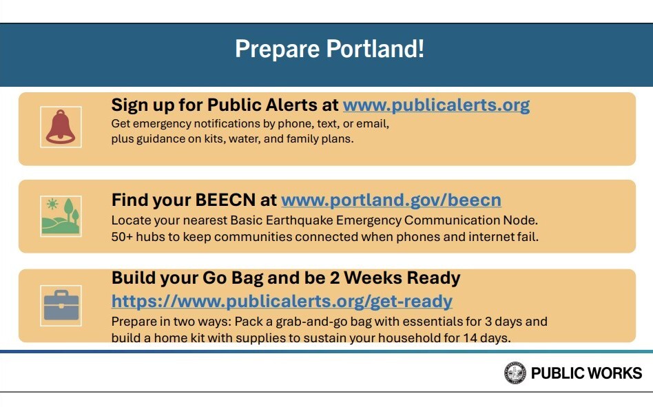 Slide from Portland Public Works with emergency preparedness resources written in three orange rectangles, under "Prepare Portland" blue banner
