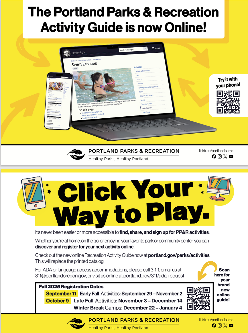 QR code and information about the Portland Parks & Recreation Activity Guide being online