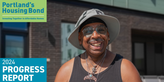 2024 Portland Housing Bond Progress Report with smiling Black man wearing tank top and summer hat