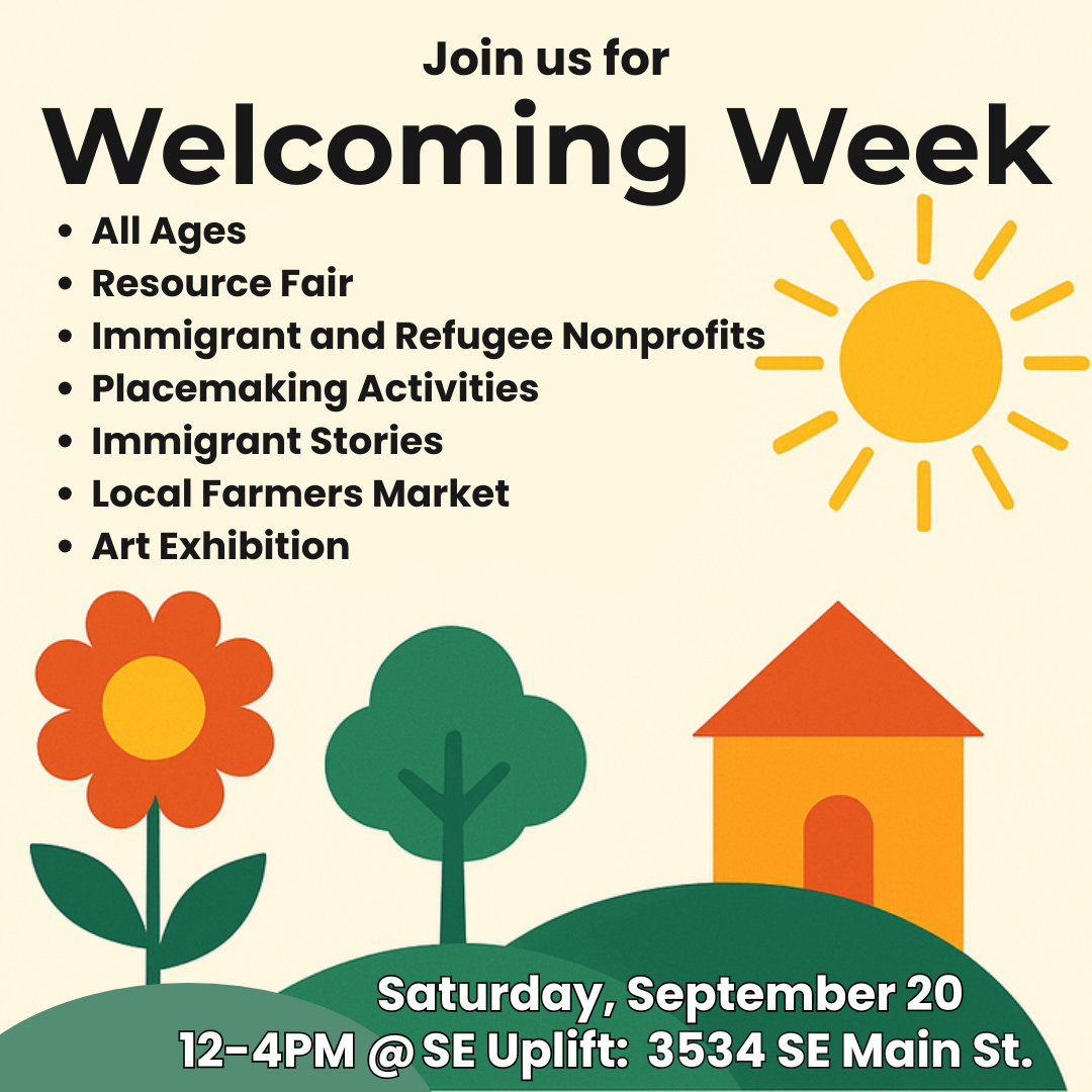 Poster with a simplified illustration of a flower, tree, sun, and house on a hill. The text gives information about Welcoming Week event.