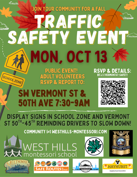 Flyer for Traffic Safety Event on Monday, October 13 at SW Vermont Street and 50th Avenue from 7:30 to 9 a.m.