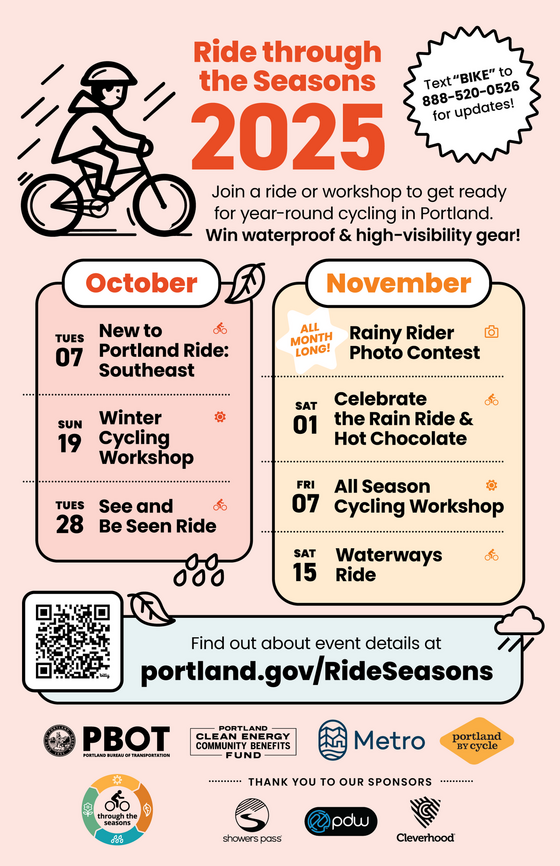 A flyer promoting "Ride through the Seasons" with events in October and November. Find out more at portland.gov/RideSeasons.