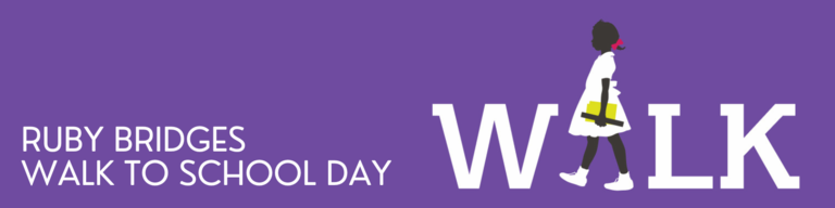 White text on a purple background, "Ruby Bridges Walk to School Day" where a little girl takes the place of the letter "a" in "walk."