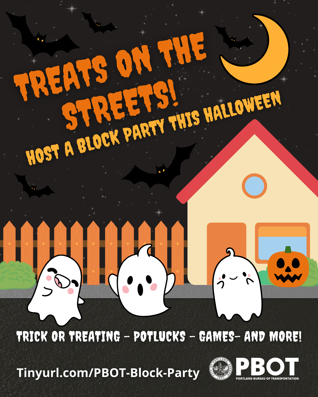 A graphic advertising Halloween Block Parties shows cartoon ghosts playing in the street.
