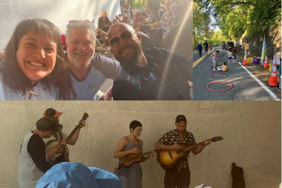 Collage of images including three smiling people, musicians playing in a tunnel, and children hopping in hula hoops laid on the ground