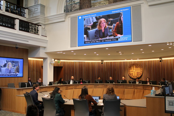 Members of the Plaza team sit in front of city council.