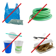 Four different images of food containers or a water hose with a red line through them.