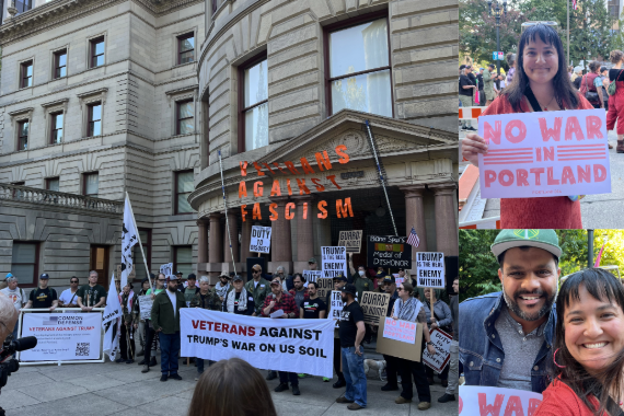 People on City Hall steps below sign that reads "Veterans Against Fascism," Councilors Koyama Lane and Kanal holding "No War in Portland" signs