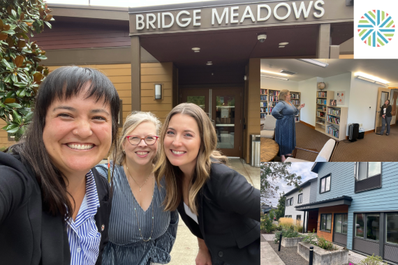 Collage of three smiling people outside of Bridge Meadows building, Bridge Meadows logo, and a woman standing in a library space
