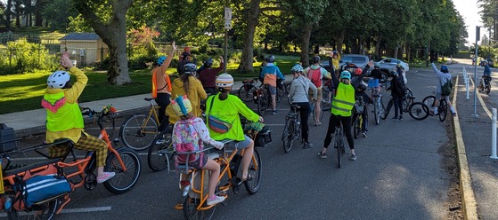 The Lent bike bus prepares to depart on their bike ride to school.