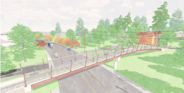 Birdseye view of bridge spanning Columbia Blvd. 