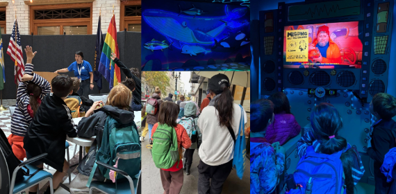 collage of photos including Councilor KL speaking to a group of students, kids walking on the sidewalk, and images of a whale and cartoon aquarium