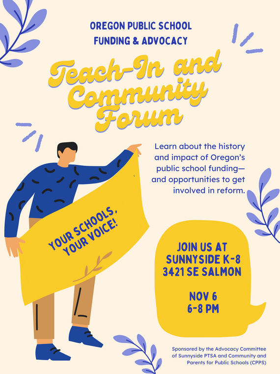 flyer in blues and yellows, showing a person holding a banner that reads, "Your Schools, Your Voice!"